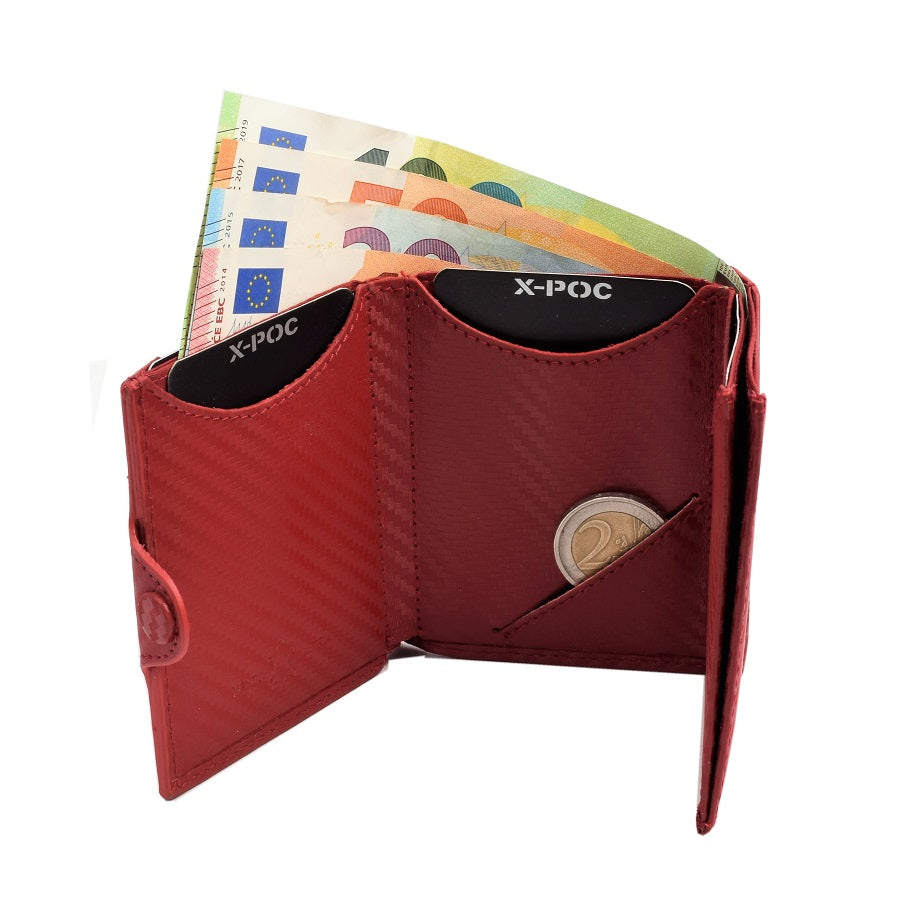 X-POC 7049 Kreditkarten Slim-Wallet mit Münzfach Rindsleder/ carbon-rot